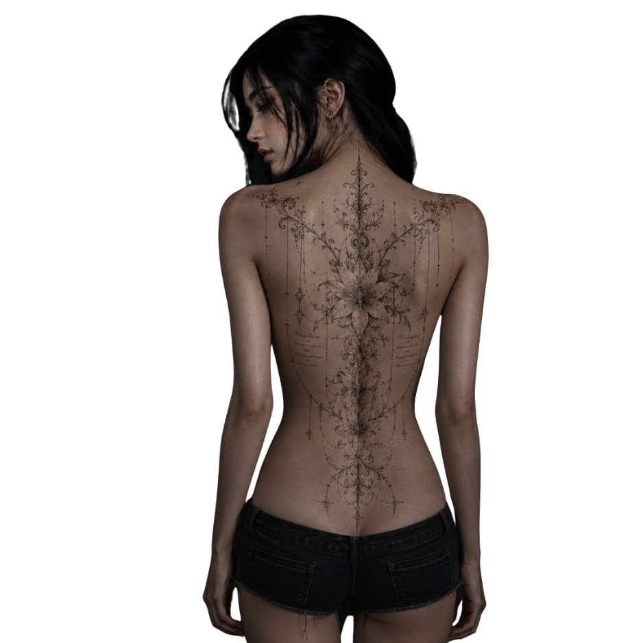 Modèle avec tatouage dorsal artistique